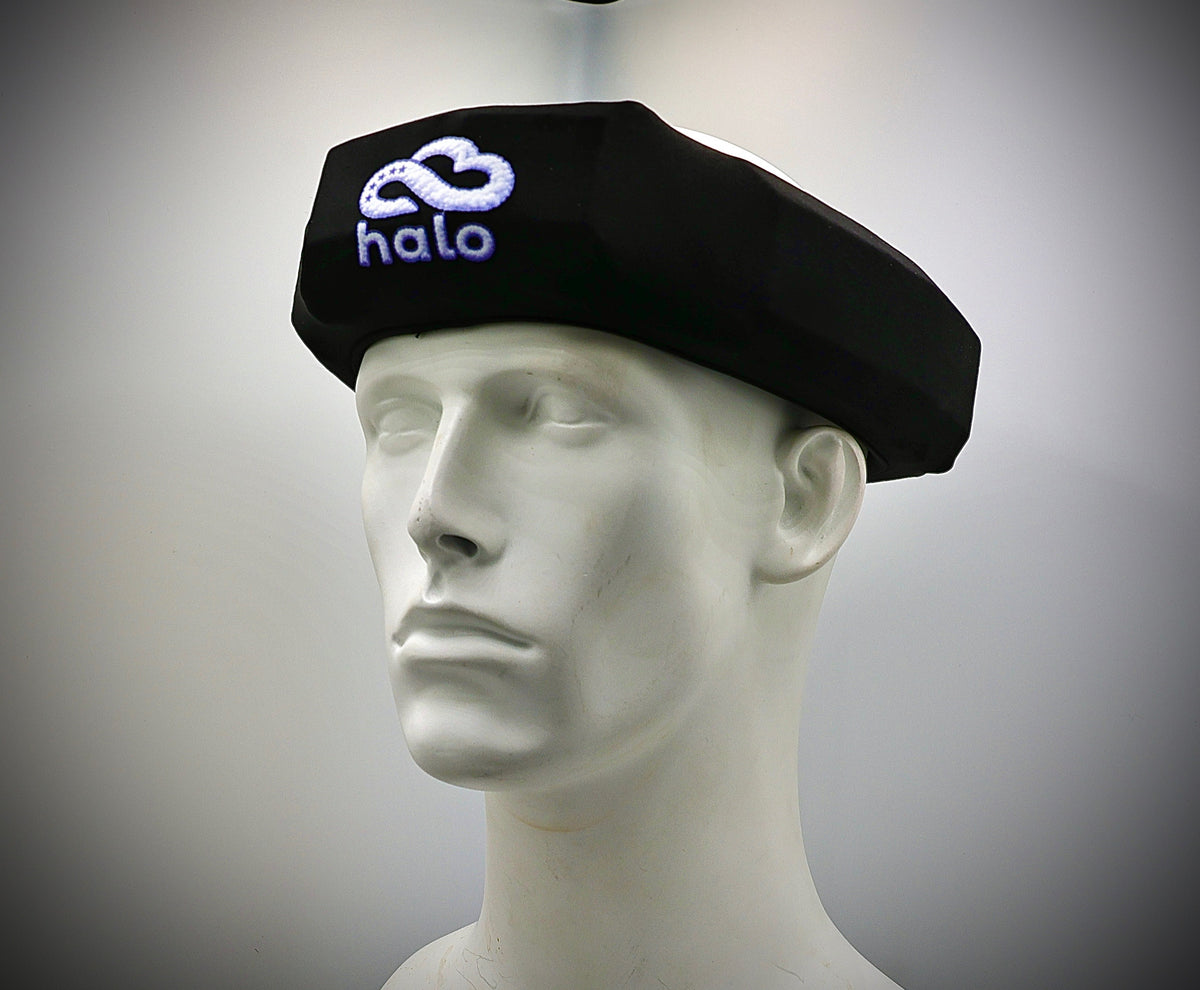 CLOUD Halo black soft-shell headgear worn on a mannequin head, angled view