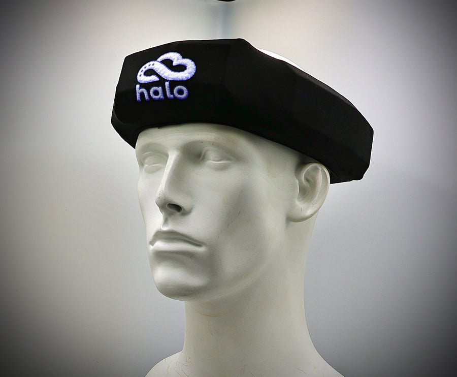 CLOUD Halo black soft-shell headgear worn on a mannequin head, angled view