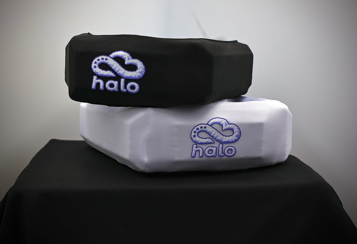 CLOUD Halo flag football headgear in black and white, stacked, showing embroidered halo logo
