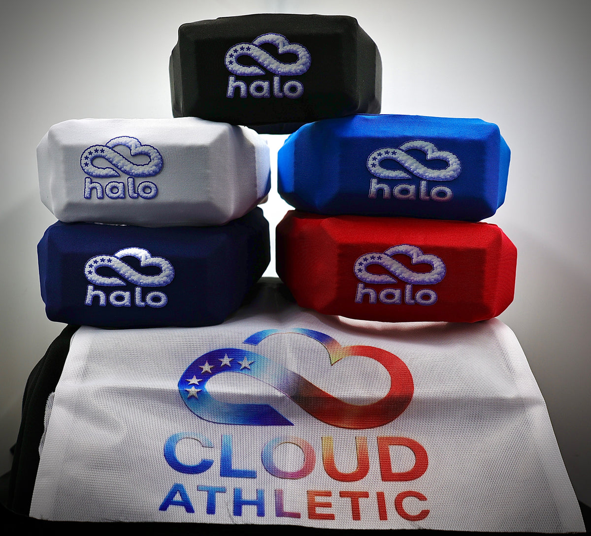 CLOUD Halo headgear in black, white, blue, navy and red team colors with Cloud Athletic logo